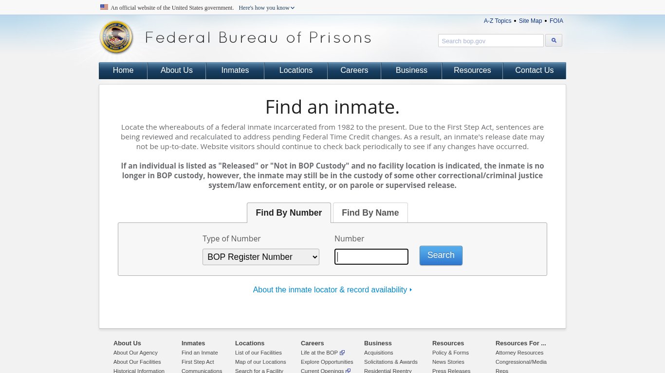 Federal Bureau of Prisons Inmate Locator